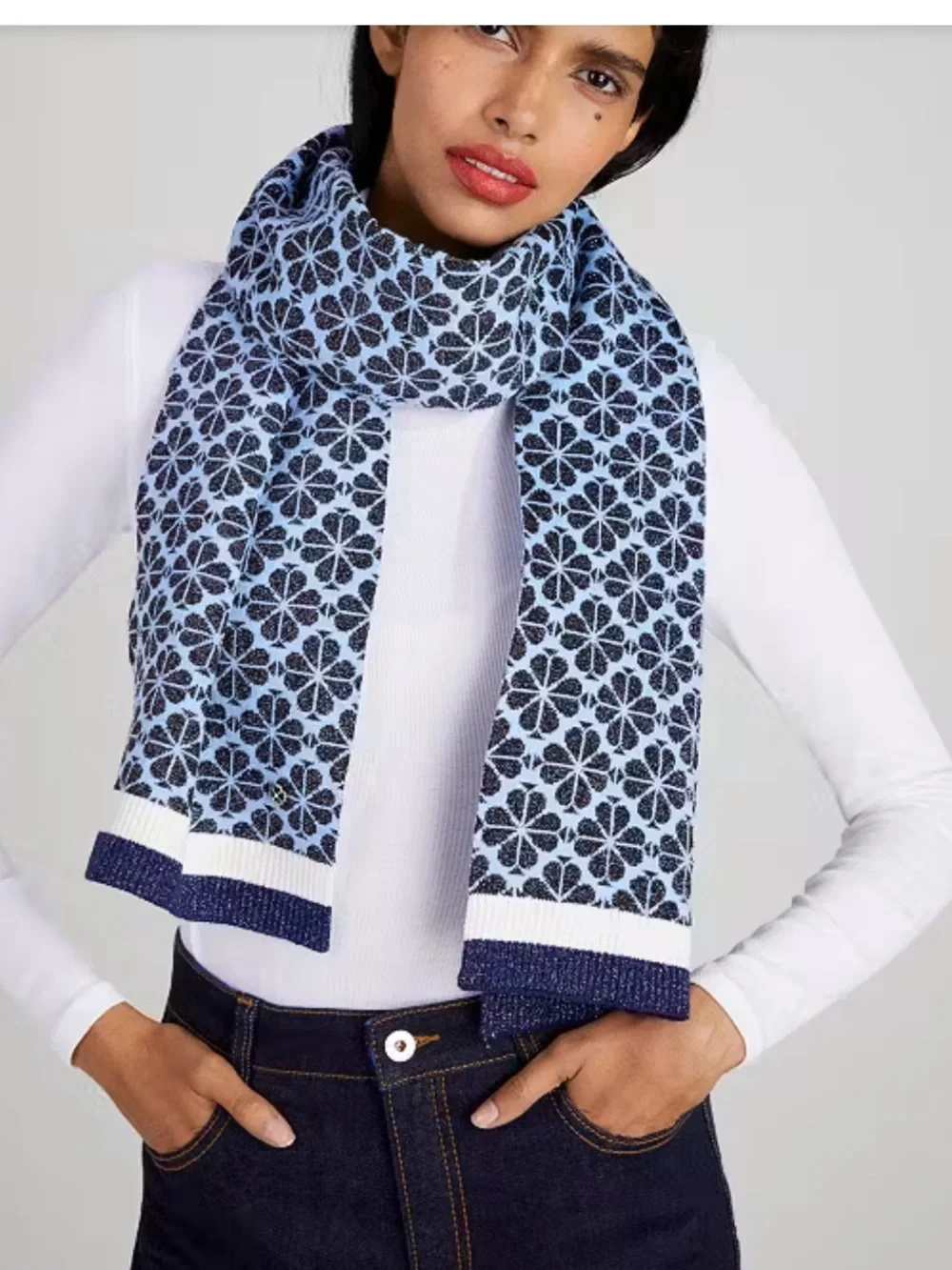 Kate Spade Flower Stripe Knit Scarf in French Navy